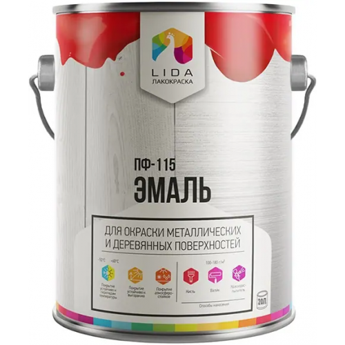 Эмаль для окраски металлических и деревянных поверхностей Лакокраска Lida ПФ 115 20 кг красная