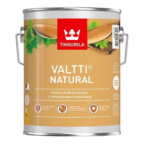Ультрастойкая лазурь с прозрачным покрытием Тиккурила Valtti Natural 2.7 л бесцветная полуглянцевая до 12 лет