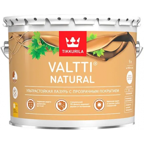 Ультрастойкая лазурь с прозрачным покрытием Тиккурила Valtti Natural 9 л бесцветная полуглянцевая до 12 лет