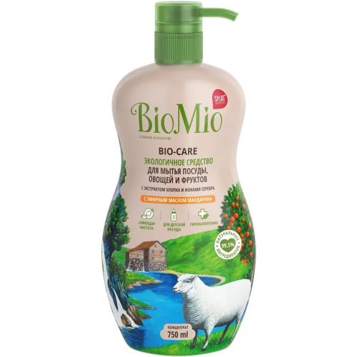 Экологичное средство для мытья овощей, фруктов и посуды Biomio Bio Care с Эфирным Маслом Мандарина 750 мл