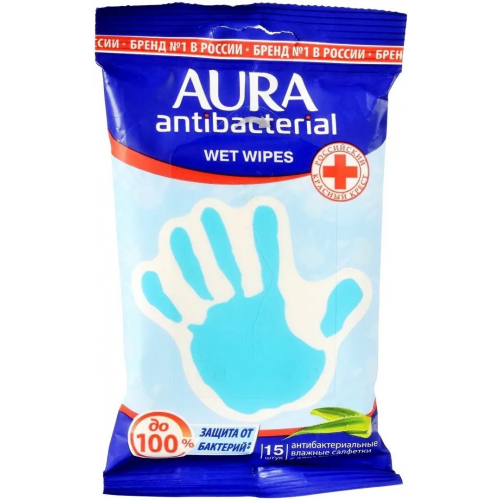 Салфетки влажные антибактериальные Aura Antibacterial Derma Protect Алоэ 15 салфеток в пачке