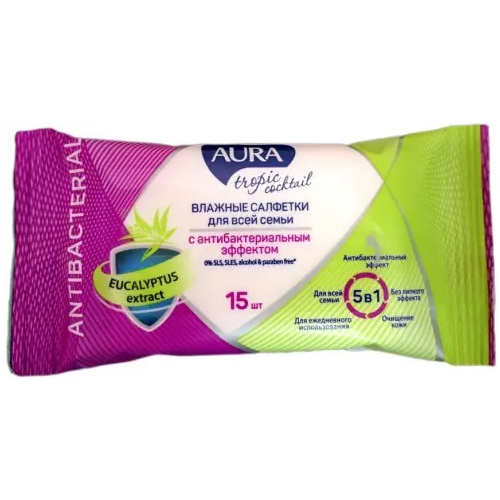 Салфетки влажные с антибактериальным эффектом Aura Tropic Cocktail 15 салфеток в пачке