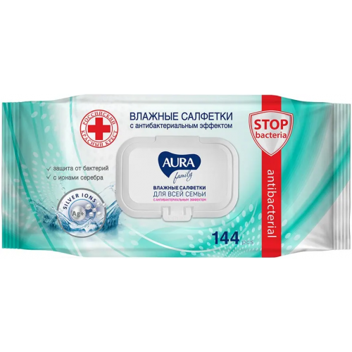 Салфетки влажные с антибактериальным эффектом Aura Family Antibacterial 144 салфетки в пачке