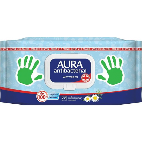 Салфетки влажные антибактериальные Aura Antibacterial Ромашка 72 салфетки в пачке