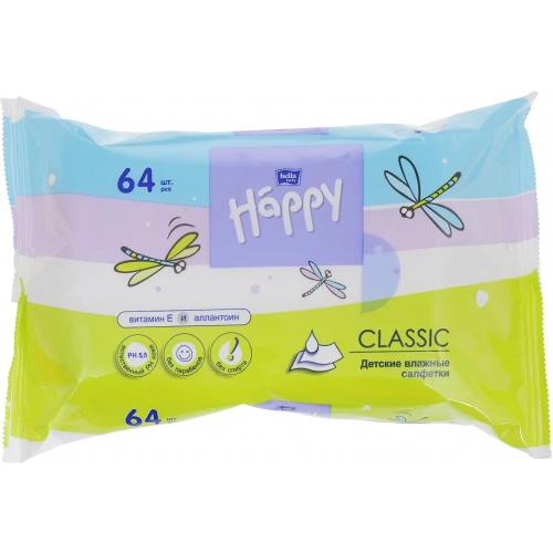 Салфетки влажные детские Bella Baby Happy Classic Витамин Е и Аллантоин 64 салфетки в пачке