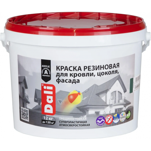 Краска резиновая для кровли, цоколя, фасада Dali 12 кг черная RAL 9005 глубокоматовая
