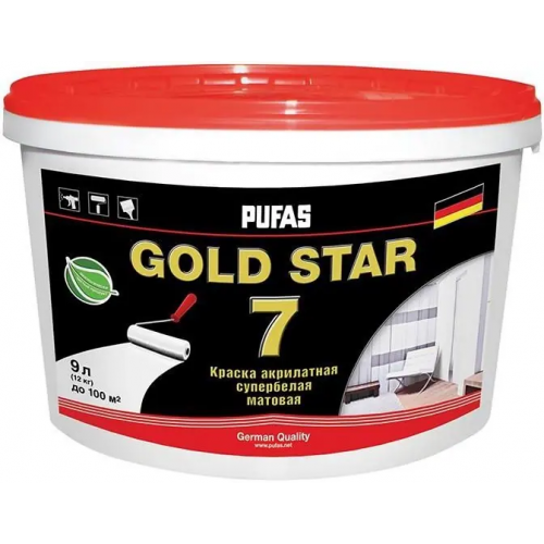 Краска акрилатная супербелая матовая Пуфас Gold Star 7 9 л бесцветная