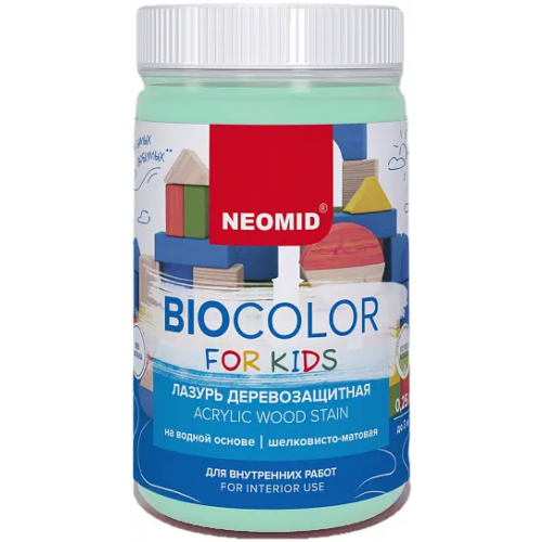 Лазурь деревозащитная на водной основе, шелковисто матовая Неомид Bio Color for Kids 250 мл бирюзовая