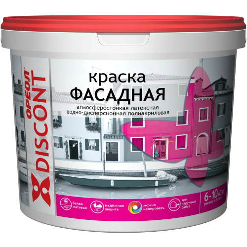 Краска фасадная атмосферостойкая латексная полиакриловая Ореол Discont 13 кг белая