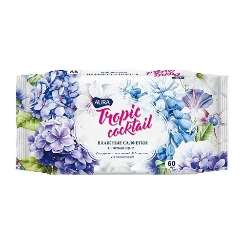 Салфетки влажные освежающие Aura Tropic Cocktail 60 салфеток в пачке