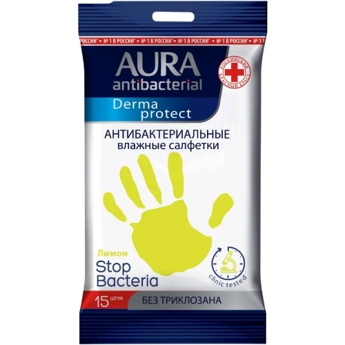 Салфетки влажные антибактериальные Aura Antibacterial Derma Protect Ромашка 15 салфеток в пачке