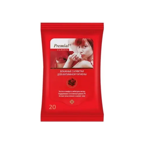 Салфетки влажные для интимной гигиены парфюмированные Premial Intimate с Экстрактом Розы 20 салфеток в пачке