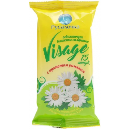 Салфетки влажные освежающие Русалочка Camomile с Экстрактом Ромашки Алоэ Вера и Витамином Е 15 салфеток в пачке