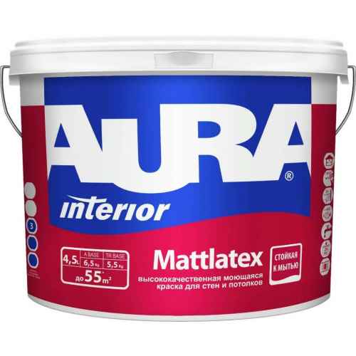 Высококачественная моющаяся краска для стен и потолков Aura Interior Mattlatex 4.5 л белая