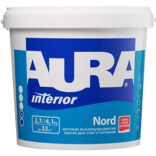 Краска для стен и потолков матовая высокоукрывистая Aura Аура Interior Nord 2.7 л белая