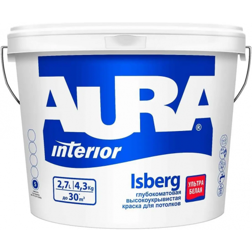 Краска для потолков глубокоматовая высокоукрывистая Aura Аура Interior Isberg 2.7 л белая