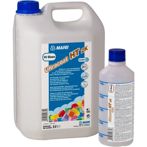 Двухкомпонентный полиуретановый лак на водной основе Mapei Ultracoat HT 2K 2 комп полиуретановый лак на водной основе 11 л 2 канистры * 5 л + 2 бутылки * 500 мл блеск 10 единиц