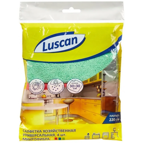 Салфетка хозяйственная универсальная микрофибра Luscan 4 салфетки 300*300 мм микрофибра 220 г/кв.м