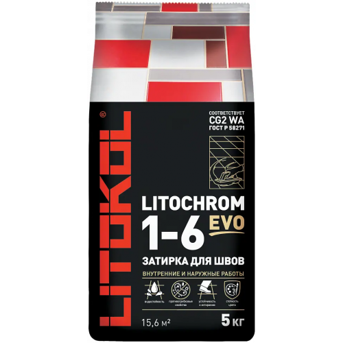 Цветная цементная затирка для швов Литокол Litochrom 1 6 Evo 5 кг LE.105 серебристо серая