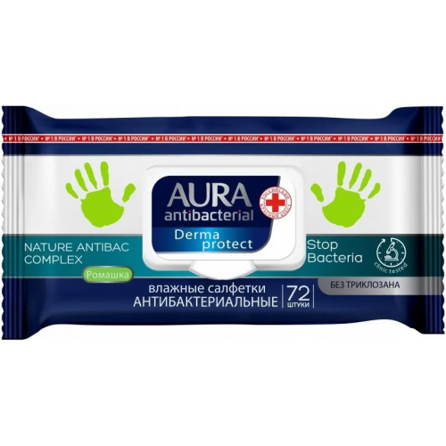 Салфетки влажные антибактериальные Aura Antibacterial Derma Protect 72 салфетки в пачке