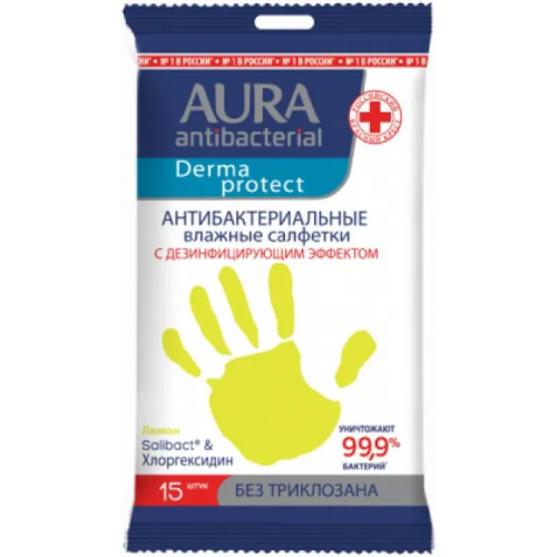 Салфетки влажные антибактериальные Aura Antibacterial Derma Protect Лимон 15 салфеток в пачке