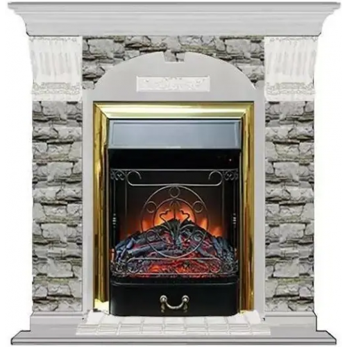 Каминокомплект с отделкой камнем Glenrich Арочный Magestic brass беленый дуб золотая алтай