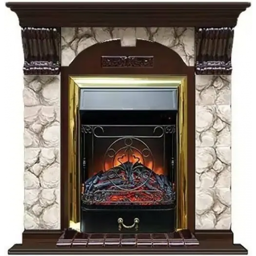 Каминокомплект с отделкой камнем Glenrich Арочный Magestic brass дуб 46 золотая карелия