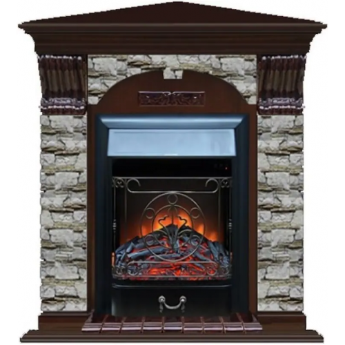 Каминокомплект с отделкой камнем Glenrich Арочный Угловой Magestic black дуб 46 черная алтай