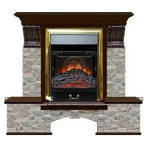 Каминокомплект с отделкой камнем Glenrich Бостон К Magestic brass дуб 46 золотая грот цветной