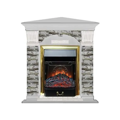 Каминокомплект с отделкой камнем Glenrich Арочный Угловой Magestic brass беленый дуб золотая алтай