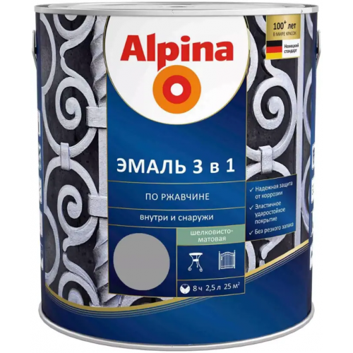 Эмаль быстросохнущая по ржавчине внутри и снаружи Alpina 2.5 л серая RAL 7040 шелковисто матовая
