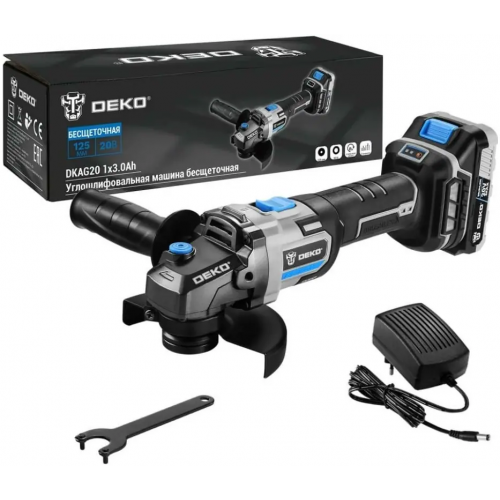 Машина углошлифовальная Deko DKAG20 М14 1 + 1 аккумулятор * 3.0 Ач + 1 зарядное устройство + 1 гаечный ключ