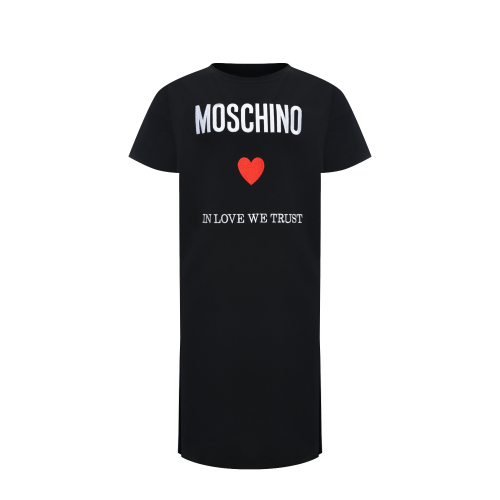 Платье-футболка с принтом "In love we trust", черное Moschino
