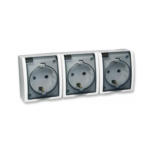  Розетка тройная с заземлением Schuko, с крышкой полупрозрачной, IP54, 16А 250В, винтовой зажим, S15 Simon 15 Aqua 1594437-030