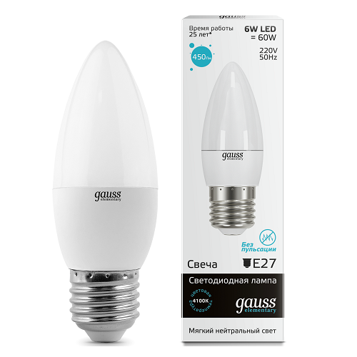 Светодиодная лампа Gauss Elementary Candle 6W E27 4100K 33226