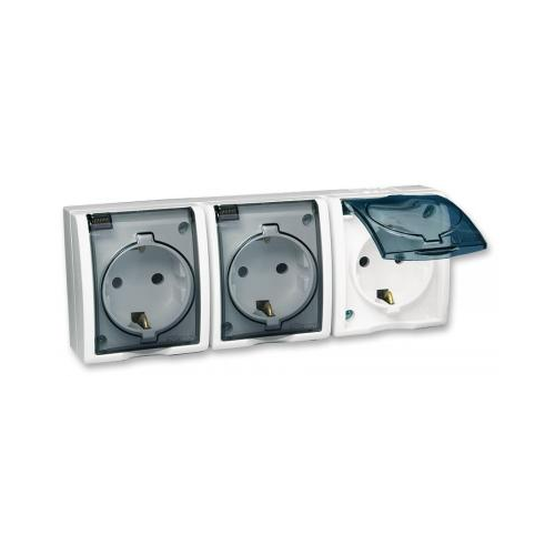  Розетка тройная с заземлением Schuko со шторками, с крышкой полупрозрачной, IP54, 16А 250В, винтовой Simon 15 Aqua 1594447-030