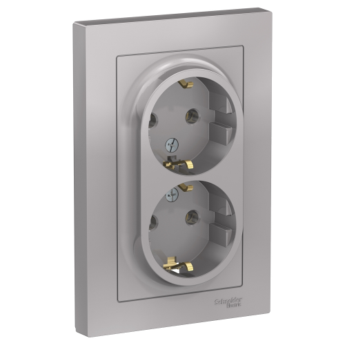  Atlasdesign Розетка двойная с заземлением, 16А, в сборе, Алюминий Schneider Electric ATN000324