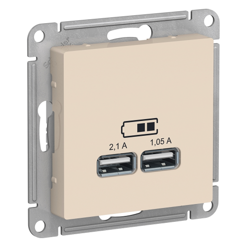  Atlasdesign USB Розетка, 5В, 1 порт x 2,1 А, 2 порта х 1,05 А, механизм, Бежевый Schneider Electric ATN000233