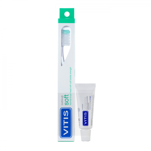 DENTAID Щётка зубная в твердой упаковке Vitis Soft/souple + Зубная паста Vitis Whitening 15 мл