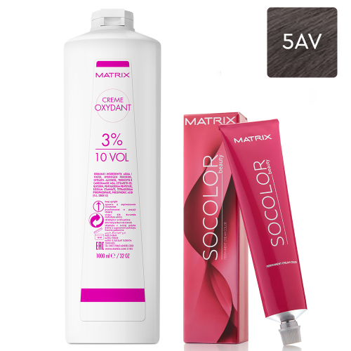 Matrix Набор Перманентный краситель Socolor beauty 5AV, 90 мл + Крем-оксидант 3% (10 Vol.), 1000 мл (Matrix, Окрашивание)
