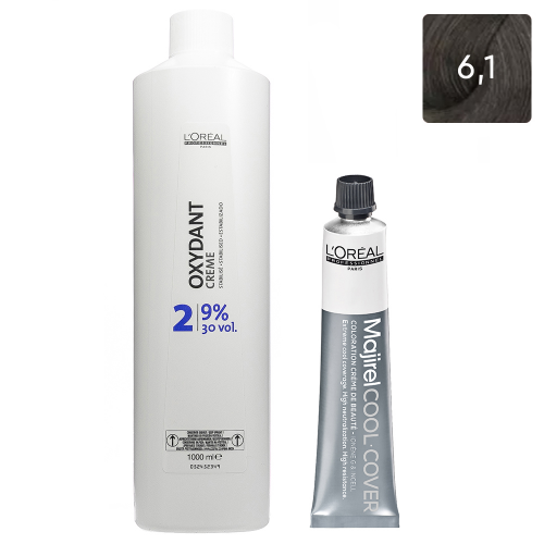 L'Oreal Professionnel Набор Стойкая крем-краска Majirel Cool Cover 6.1, 50 мл + Оксидент-крем 9% (30 Vol.), 1000 мл (L'Oreal Professionnel, Окрашивание)