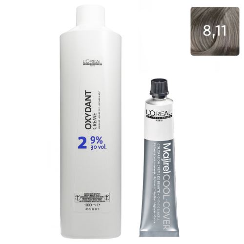 L'Oreal Professionnel Набор Стойкая крем-краска Majirel Cool Cover 8.11, 50 мл + Оксидент-крем 9% (30 Vol.), 1000 мл (L'Oreal Professionnel, Окрашивание)
