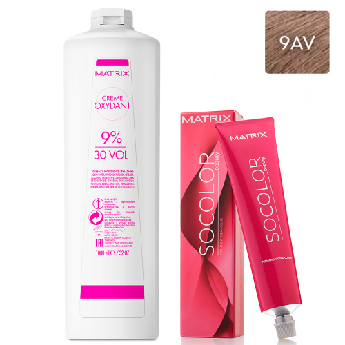 Matrix Набор Перманентный краситель Socolor beauty 9AV, 90 мл + Оксидант 9%, 1000 мл (Matrix, Окрашивание)