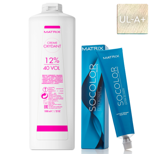 Matrix Набор Осветляющая краска Socolor beauty Ultra.Blonde UL-A+, 90 мл + Оксидант 12%, 1000 мл (Matrix, Окрашивание)