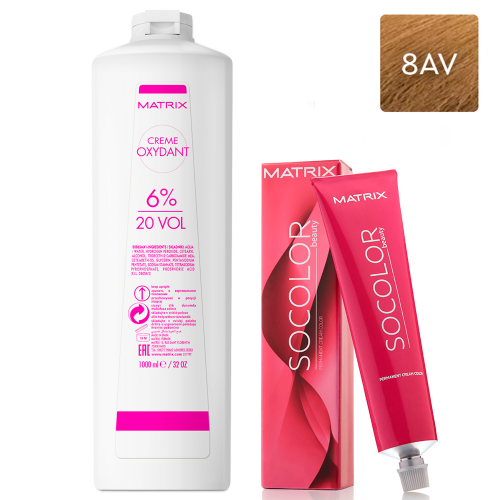 Matrix Набор Перманентный краситель Socolor beauty 8AV, 90 мл + Оксидант 6%, 1000 мл (Matrix, Окрашивание)