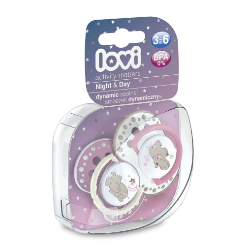 Lovi Пустышка динамическая силиконовая "Night & Day", для девочки 3-6 мес, 2 шт. (Lovi, Пустышки)