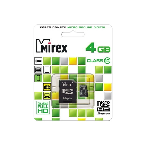 Карта памяти Mirex microSDHC Class 10 4GB + SD adapter, Black
