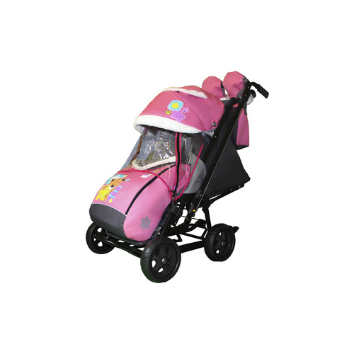 Санки коляска GALAXY SNOW City-2 Мишка со звездой на розовом на больших колёсах Ева+сумка+варежки