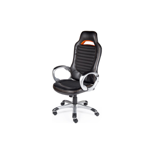 Кресло офисное NORDEN Шелби серый пластик/черная экокожа/оранжевая строчка