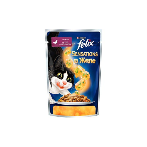 Паучи Felix Sensations кусочки с уткой в желе со шпинатом для кошек 85г (12318963)
